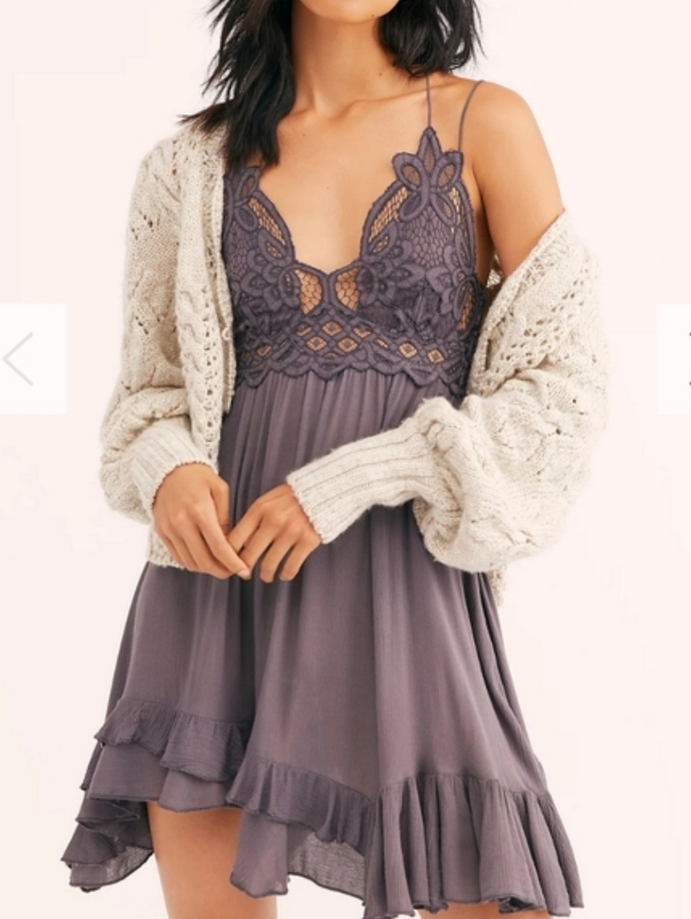 Free People Adella Slip Dress Lace Ruffle High Low Mini Gray Size L